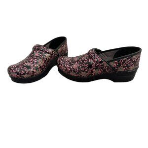 Dansko Womens Professional Pink & Black Floral Patterned Clogs Size 39 / 8.5-9